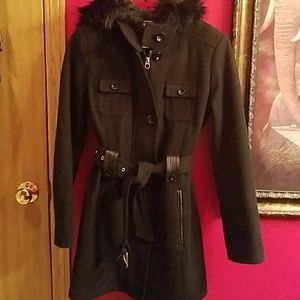 Wool pea coat w/fur hood & faux leather
